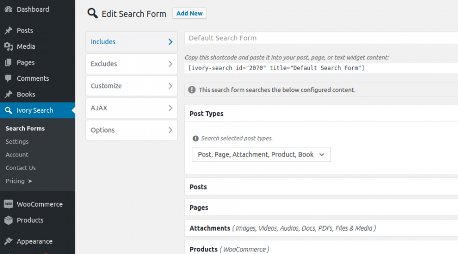 Plugin Ivory Search no WordPress
