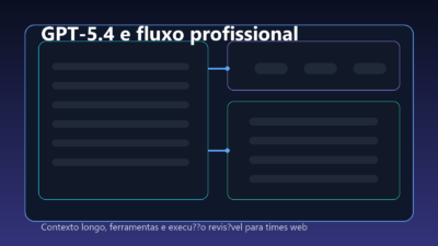 Painel visual mostrando GPT-5.4 organizando contexto longo, ferramentas e etapas de trabalho entre briefing, código, validação e publicação